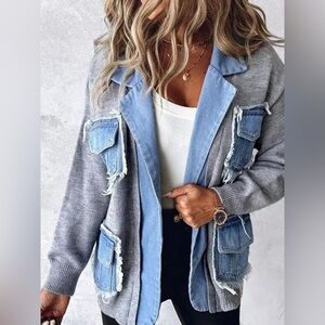 RAW HEM DENIM POCKET PATCHWORK CARDIGAN O/S